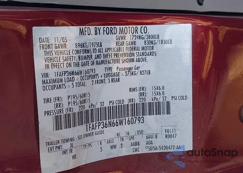 2006 Ford Focus Zxw z USA, uszkodzony, nr VIN 1FAFP36N66W160793